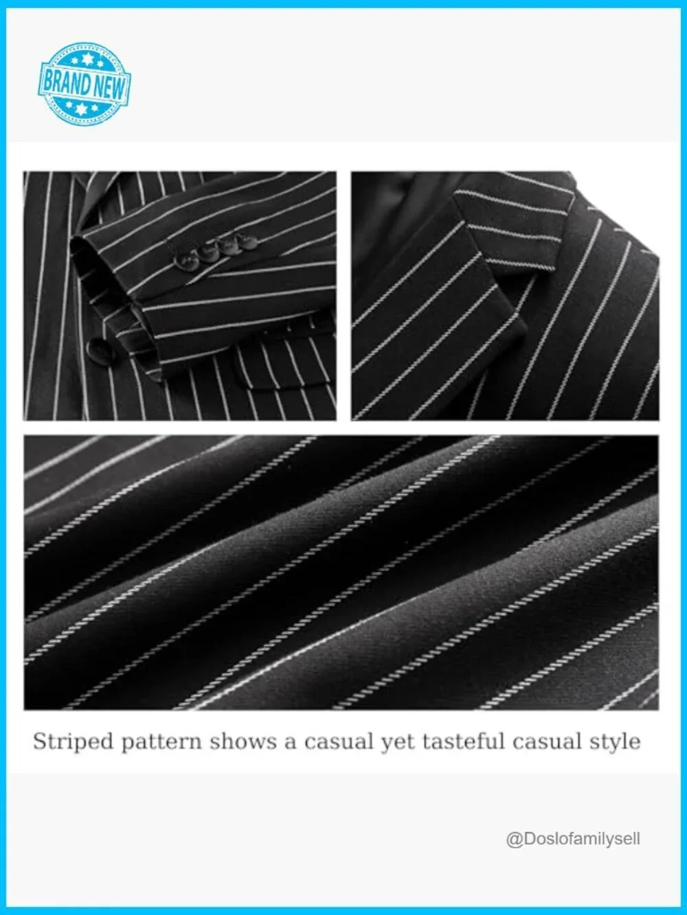 Slim Fit Pinstripe Suit Set Classic Elegant Formal Tuxedo Jacket Vest Pants
